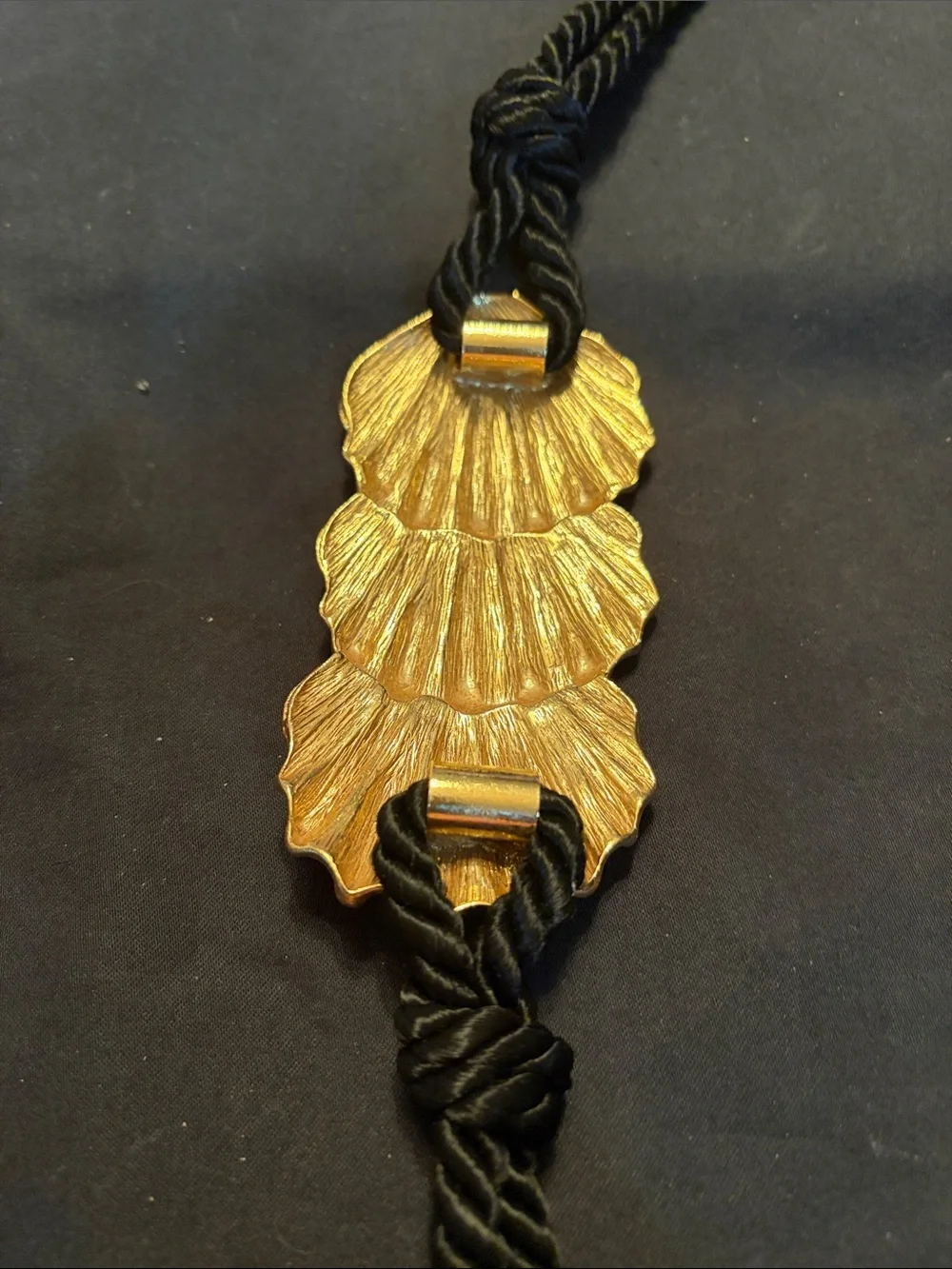 Gold Shell Belt with Black twisted velvet Cord shells 5”x2 1/2” total length 48”